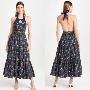 NEW Agua Bendita Consuelo Pacifico Navy Floral Embroidered Midi Dress Sz S